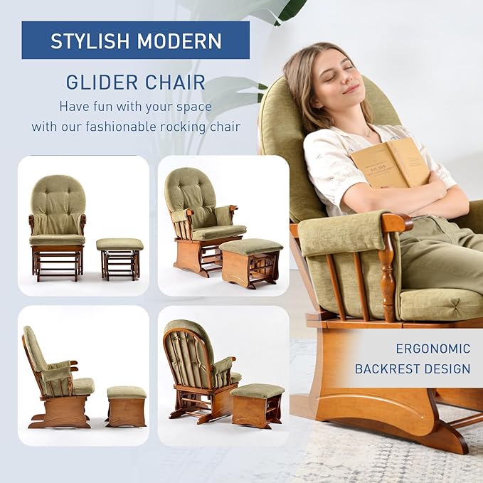Solid Wood Glider Rocking Chair with Ottoman Set - Stylish Modern Nursery Glider Rocker with Thick Padded Cushion Smooth Gliding Motion for Living Room Nursing Reading - 280LBS Capacity Khaki