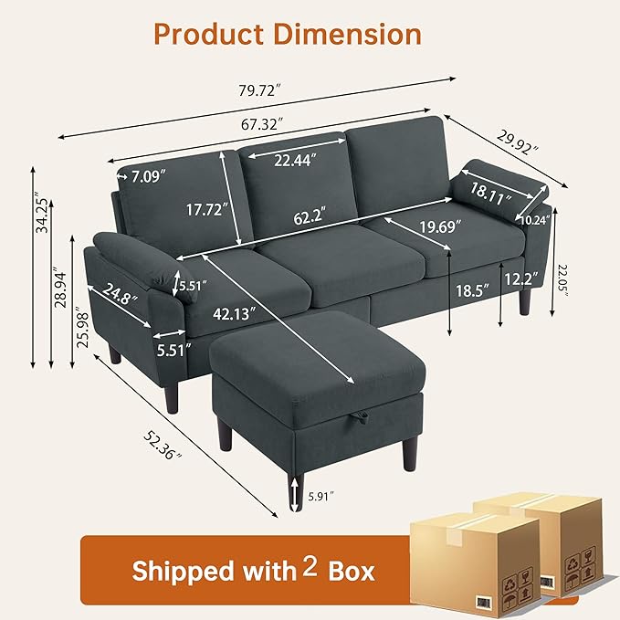 Convertible Sectional Sofa Modern L Shaped 3-seat Sofa 79 Linen Fabric Small Sectional Couch with Movable Ottoman Couch for Small Spaces Living Room (Dark Grey)