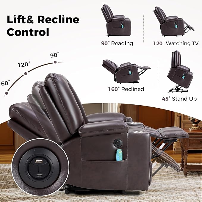 Power Lift Recliners with Massage and Heat for Elderly Electric Lifting Recliner Chair with Cup Holders &amp USB Port Faux Leather Reclining Sofa with Side Pocket for Living Room Brown