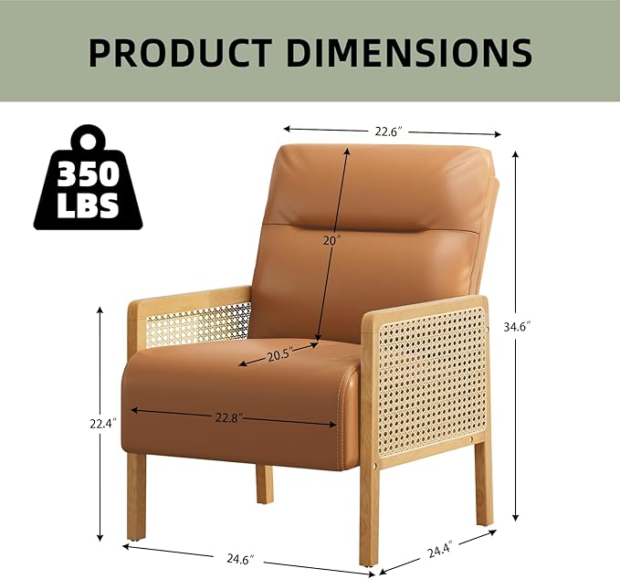 Rattan Accent Chair with Rattan Arms Mid Century Modern Chair for Living Room Faux Leather Upholstered Comfy Chair for Bedroom Reading Room Home Office Whisky Brown