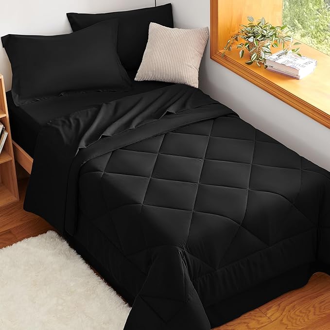 CozyLux Twin XL Comforter Set Black - 5 Pieces Twin Extra Long Bed in a Bag for College Dorm All Season Bedding Set for Girls and Boys Soft Bed Set with Comforter Sheets Pillowcase &amp Sham