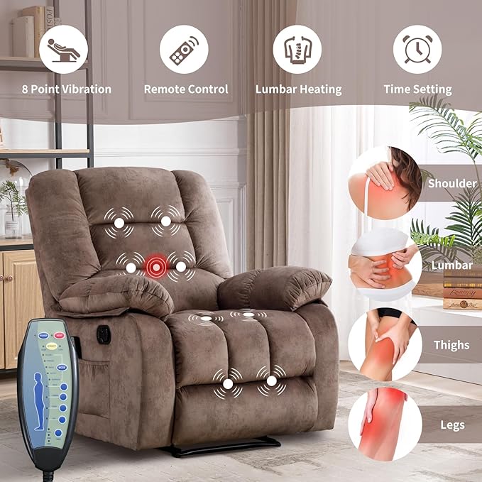 Massage Recliner Chair with Heat and Massage Ergonomic Overstuffed Breathable Fabric Reclining Chairs Single Sofa Chair with Side Pockets for Living Room Home Theater (Caramel)