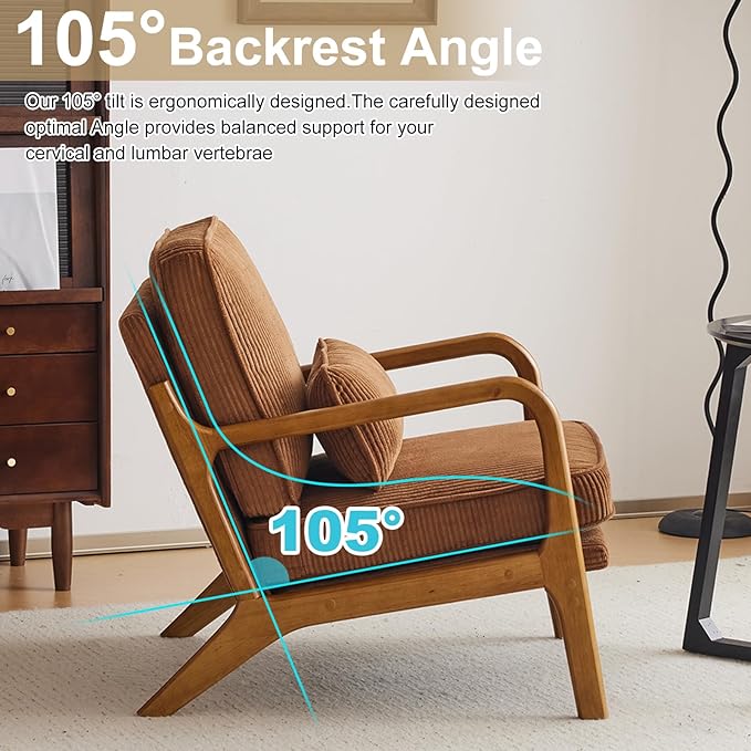 Karl home Mid-Century Modern Accent Chair Living Room Chairs with Pillow Corduroy Upholstered Lounge Armchair with Solid Wood Frame &amp Soft Cushion for Bedroom Reading Room Brown