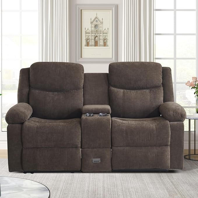 Reclining Loveseat with Console Loveseat Recliner Sofa with Massage &amp Heating RV Wall Hugger Double Loveseat Recliner Couch for Living Room &amp Home Theater (Chenille-Brown-2)