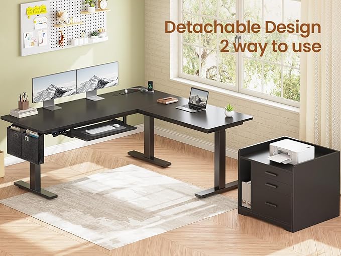 SEDETA L Shaped Electric Standing Desk with File Cabinet 63 x 53'' Height Adjustable Home Office Computer Desk with Drawers Power Outlet Stand up Gaming Table with Led Lights Keyboard Tray Black