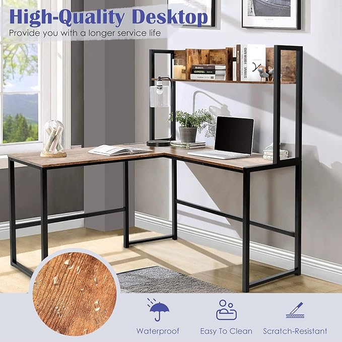 MEDIMALL L-Shaped Desk w/Storage Shelf Reversable Corner Desk Game Table w/Sturdy Metal Frame Multifunctional Computer Desk for Home Office (Rustic Brown)