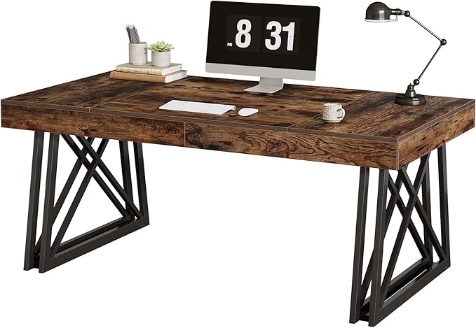 Tribesigns 63-Inch Executive Desk Farmhouse Office Computer Desk with Sturdy X-Shaped Legs Large Writing Table Business Furniture Workstation for Home Office Study (Rustic Brown &amp Black)