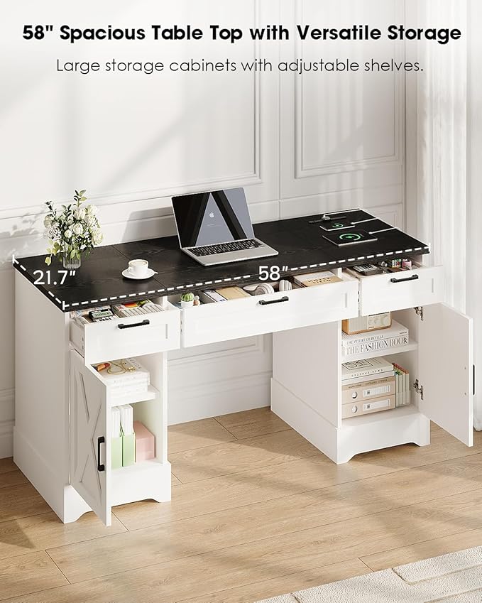 HOPUBUY Farmhouse Executive Desk with File DrawersWood Home Office Desk w/Charging StationAdjustable Storage CabinetsWhite Computer Writing Desk for WorkStudy