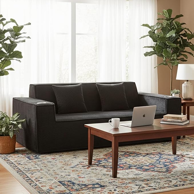 75 Cloud Boneless Loveseat Couch – No Assembly Required Corduroy Sofa with Cup Holders High-Density Memory Foam 3 Seater Comfy Couches for Living Room Bedroom Apartment Black