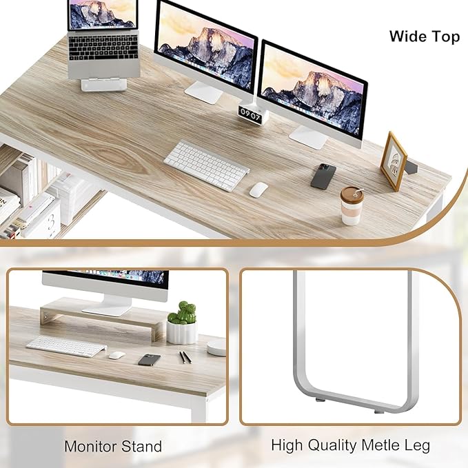 55 Inch L Shaped Desk with 3 Drawers White Desk with Storage Shelves Home Office Desk with Monitor Stand White and Walnut
