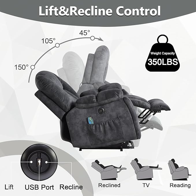 CANMOV Large Power Lift Recliner Chair with Massage Heat and USB for Elderly Overstuffed Wide Recliners Heavy Duty and Safety Motion Reclining Mechanism Gray