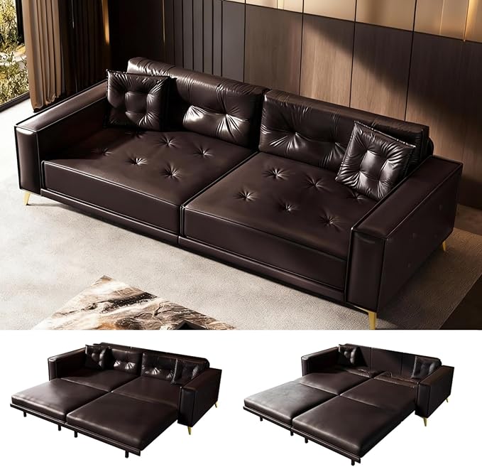 92.1 King Size Pull Out Couch Faux Leather 3-in-1 Convertible Sofa Bed with Wide Armrests &amp Tufted Upholstery 4 Seat Pull Out Sofa Bed with Pillows for Living Room/Apartment/Office Dark Brown