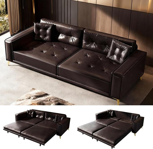 92.1 King Size Pull Out Couch Faux Leather 3-in-1 Convertible Sofa Bed with Wide Armrests &amp Tufted Upholstery 4 Seat Pull Out Sofa Bed with Pillows for Living Room/Apartment/Office Dark Brown