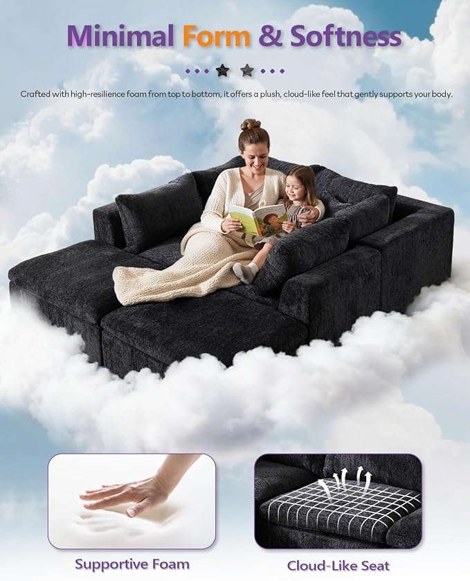 TYBOATLE 146’’ Black Boneless Couch for Living Room U Shaped Cloud Sectional Sofa w/Ottoman Comfy Boneless Modular Couch w/Memory Foam