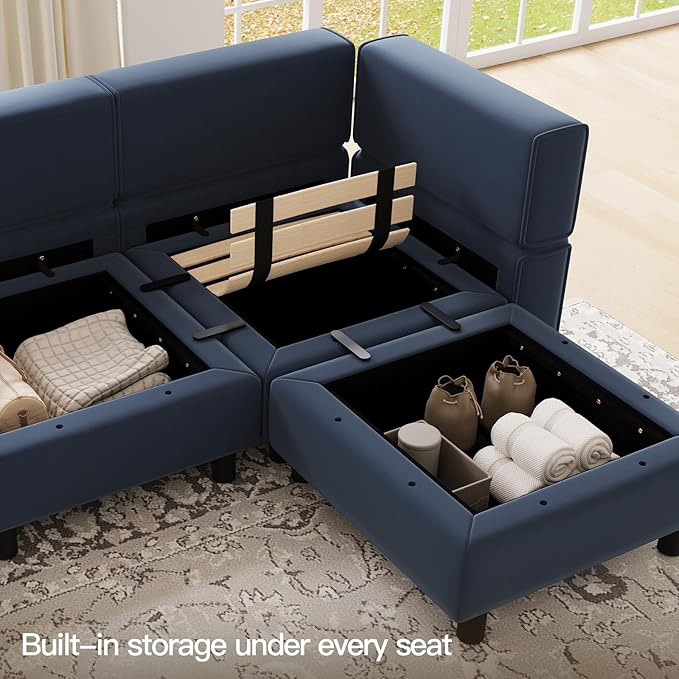 Belffin Modular Reversible Sectional Sofa U Shaped Couch with Storage Seat with Chaise Velvet Blue…