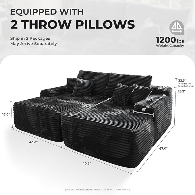 Oversized Chaise Lounge Sofa Indoor - Luxury 80 Cloud Sectional Couch Sofa Bed Deep Seat Plush Corduroy Lounge Chair Sleeper Sofa for Living Room Bedroom (Black2PCS)