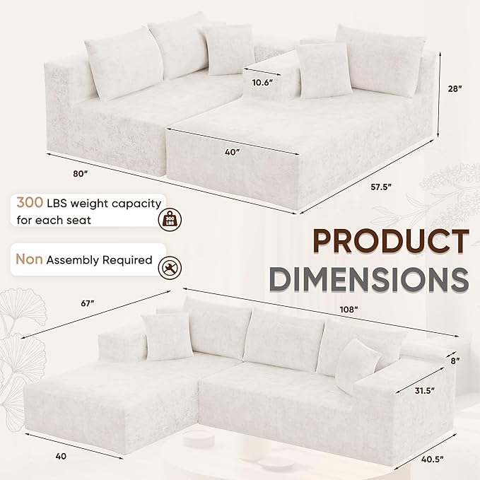 VICTONE 108” Cloud Sectional Couches Boneless Couch Modular L-Shaped Sofa with Deep Seat Modern Comfort Upholstered Sofas for Living Room No Assembly Required (Chenille Beige)