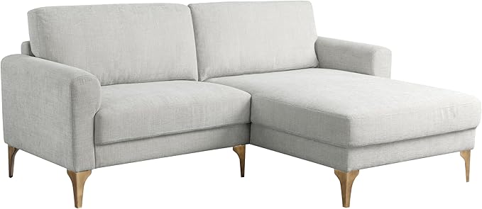 Studio Living® Matthew 83.5 Sofa Chaise Mid-Century Modern Pocket Coil Comfort Reversable Chaise Metal Brushed Bronze Legs Chenille Fabric Ivory