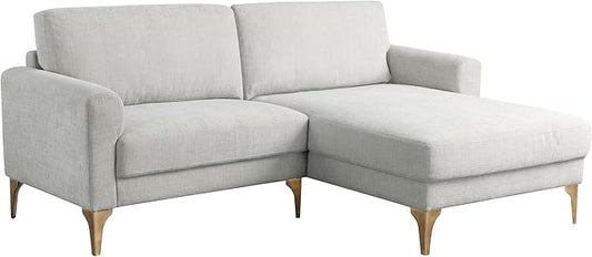 Studio Living® Matthew 83.5 Sofa Chaise Mid-Century Modern Pocket Coil Comfort Reversable Chaise Metal Brushed Bronze Legs Chenille Fabric Ivory