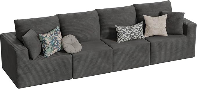 JUMMICO Boneless Couch with Deep Seat and Ottoman Modular Sectional Sofa with Body Support Corduroy Couches for Living Room Apartments Bedroom No Assembly Required (Black Four Seater)