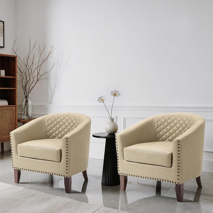 Faux Leather Accent Chairs Set of 2 Upholstered Barrel Club Chair for Living Room Comfy Round Armchair with Nailed Trim for Bedroom Office-Beige