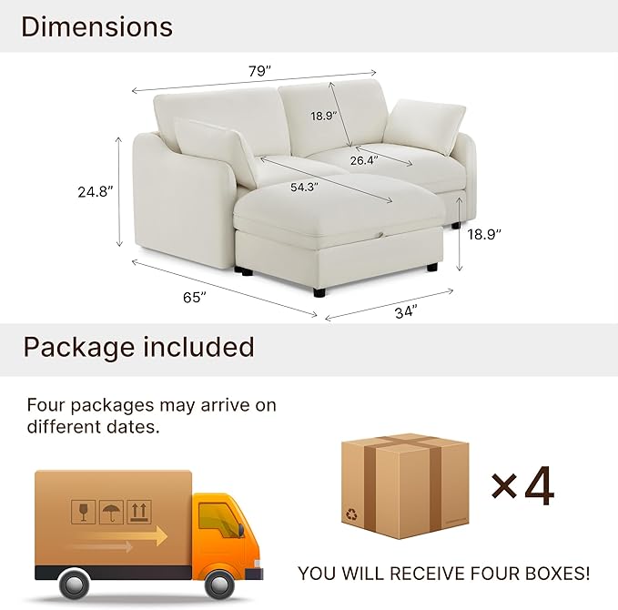 79 Cloud Sectional Couches for Living RoomL Shaped Oversized Modular Modern Linen Sofa with 1 Movable Ottoman3 Deep Seat with 2 Throw PillowsWarm White