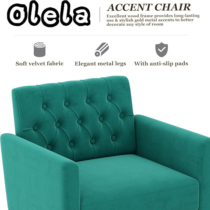 Olela Accent Chair with Arm for Living Room Velvet Modern Armchair Single Sofa Cozy Tufted Upholstered Reading Side Chairs with Gold Metal Leg for Bedroom Decorate