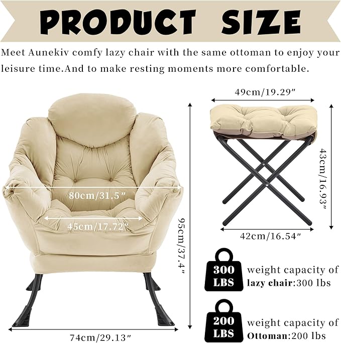 Lazy Chair with Ottoman Comfy Accent Lounge Chair with Side Pocket Modern Reading Armchair with Footrest Upholstered Sofa Chair for Small Spaces Bedroom Living Room Dorm Khaki