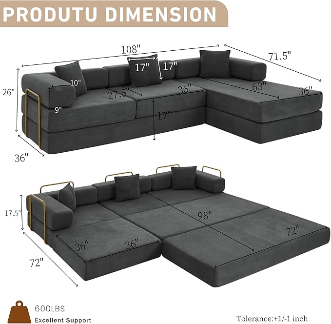 108 W Corduroy Modular Cloud Couch with Fixed-Shape Frame Oversized L-Shaped Sectional Sleeper Sofa Bed with Pull Out Bed No Assembly Modern Floor Boneless Couch for Living Room (Gray)
