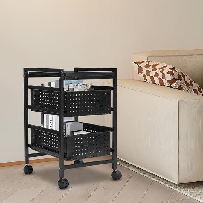 Rolling File Cart Mobile File Cabinet with Storage Drawer Movable Pull-Out Storage Art Craft Organizer on Wheels Utility Cart Storage and Organizer for Home Office (2 Tiers)
