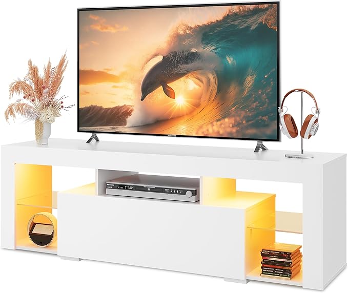 WLIVE TV Stand with LED Lights &amp 2 Large Storage Drawers Modern Entertainment Center for 32/43/50/55/60 Inchs TVs Sturdy TV Console for Living Room Bedroom(White)