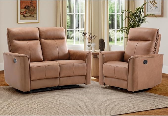 EBELLO Faux Leather Manual Recliner Sofa Set 1 Seat Recliner Chair and a Loveseat Reclining Couch Furniture Set for Living Room Brown