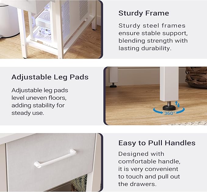 White Computer Desk with Drawers 42 Inch Home Office Desk Study Writing Table Gaming Desk with USB Power Outlets Office Desk with Fabric Drawer Work Table with Shelf for Bedroom White