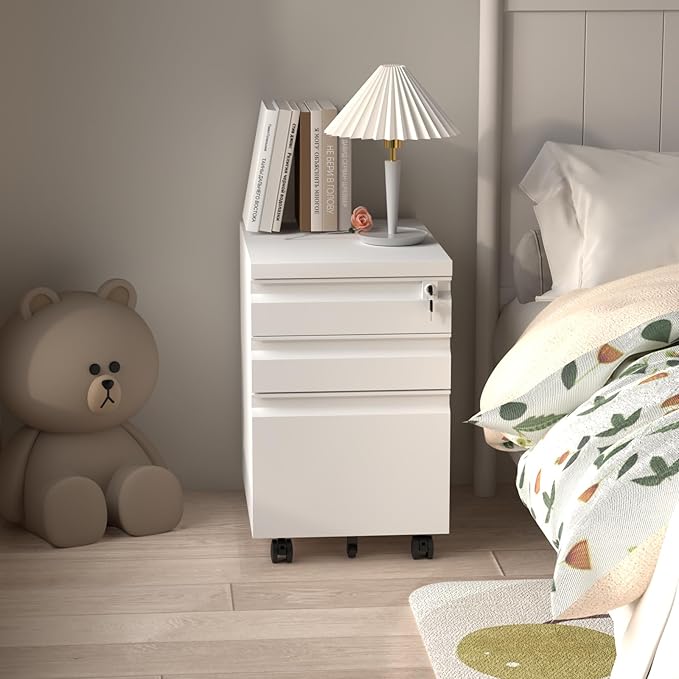 3 Drawer File Cabinet with Lock Metal Mobile Filing Cabinet on Wheels Under Desk Storage Cabinet for Home Office Deep Drawers for Letter/Legal/A4 Files with Anti-Tip Design (White)