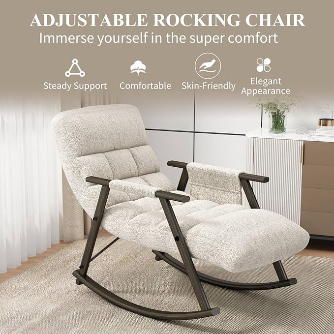 NIOIIKIT Nursery Rocking Chair Teddy Upholstered Rocker Chair with Adjustable Back&ampFootrest Reclining Glider Chair with Side Pocket Tufted Glider Rocker Armchair for Living Room (Beige Teddy)