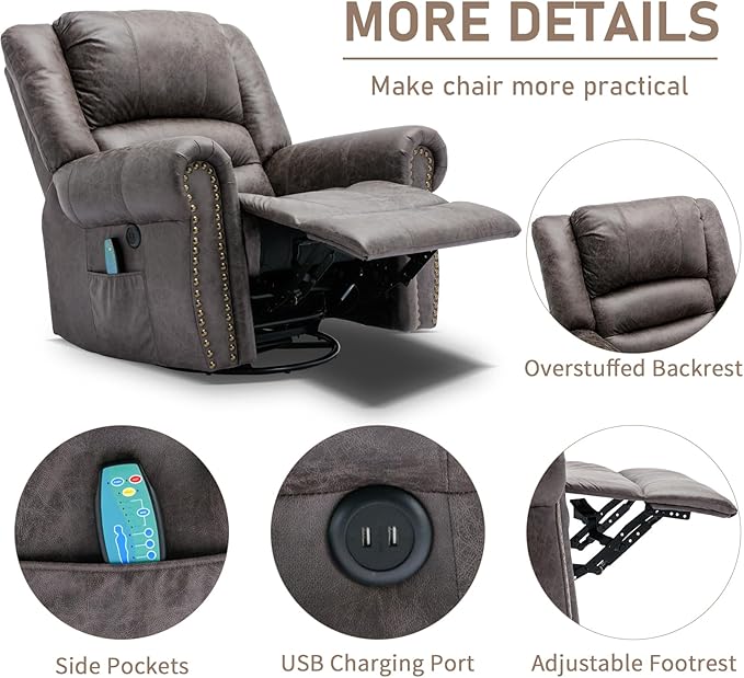 Manual Massage Swivel Rocker Recliner with Heat and Vibration 360° Swivel Glider Rocking Recliner Chair Classic Living Room Lounge Recliners with Side Pockets &amp USB Ports Grey