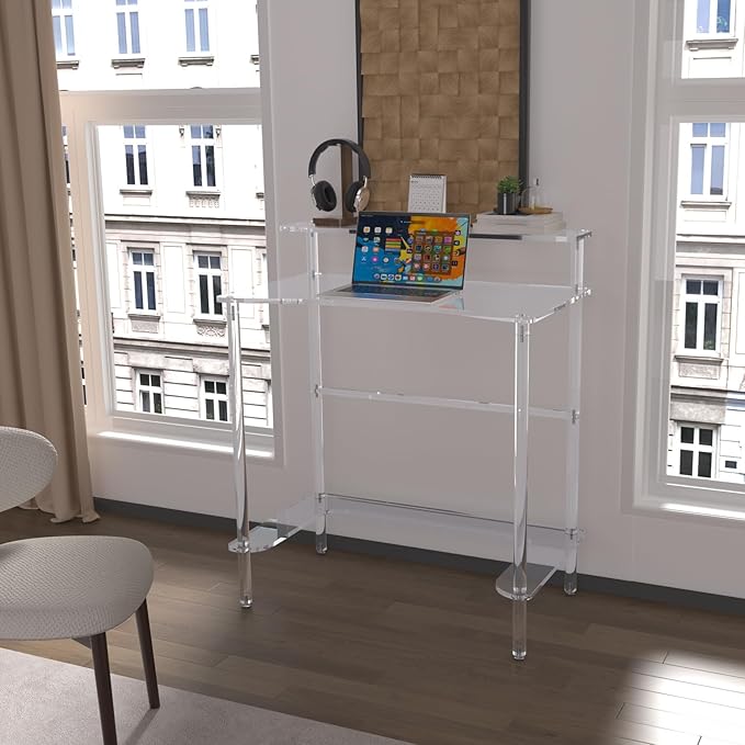 2Tier Acrylic Clear Desk 31.5x19.7x29.5 inch Computer Desk Home Office Desk Writing Table Furniture 0.47inch Thickness