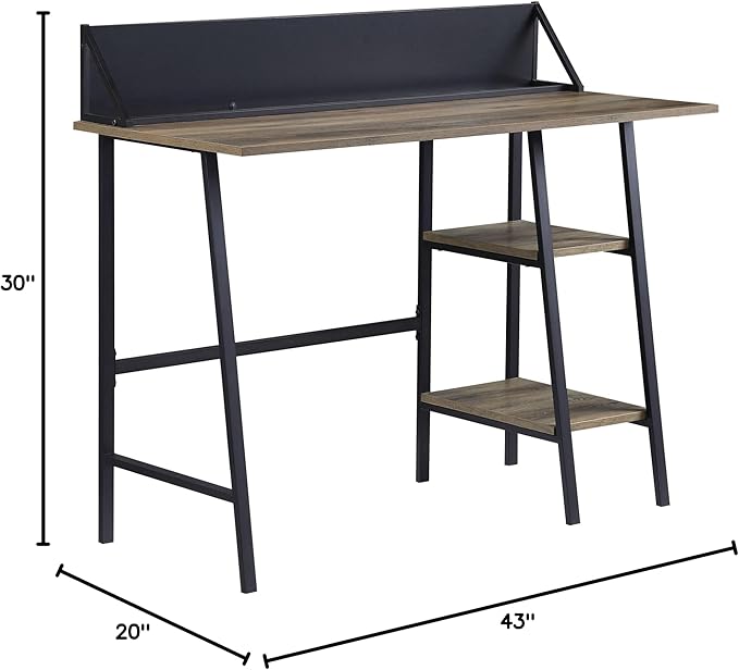 Penau Rustic Oak Writing Desk with Black Finished Legs 2-Tier Shelf Smartphone Holder Modern Design for Home Office