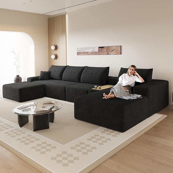 ‌151.5 Modern Cloud Boneless Corduroy Sectional Couch with U-Shape Chaise Ottoman and Side Table No Assembly Required Deep Seat Upholstered Modular Sofa for Living Room (Black Right Facing)