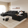 ‌151.5 Modern Cloud Boneless Corduroy Sectional Couch with U-Shape Chaise Ottoman and Side Table No Assembly Required Deep Seat Upholstered Modular Sofa for Living Room (Black Right Facing)