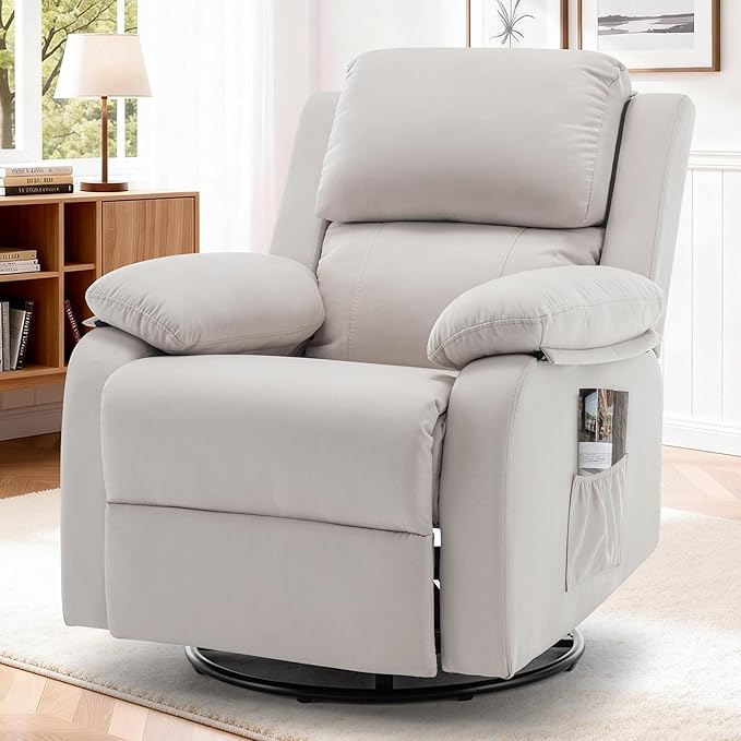 Recliner Chair 360 Swivel Rocker Chair for Adults Small Rocking Recliner for Small Spaces Upholstered Fabric Glider Recliner Nursery (Swivel Rocker Recliner Off White)