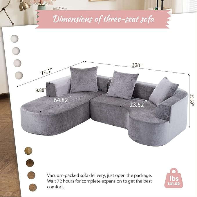 100''Oversized Sectional Sofa with Chaise for Living RoomModern Luxury Chenille 3-Seater Sofa Extra Wide Seat L-Shape Curved Cloud Couch with 3 Throw Pillows (Gray 100)