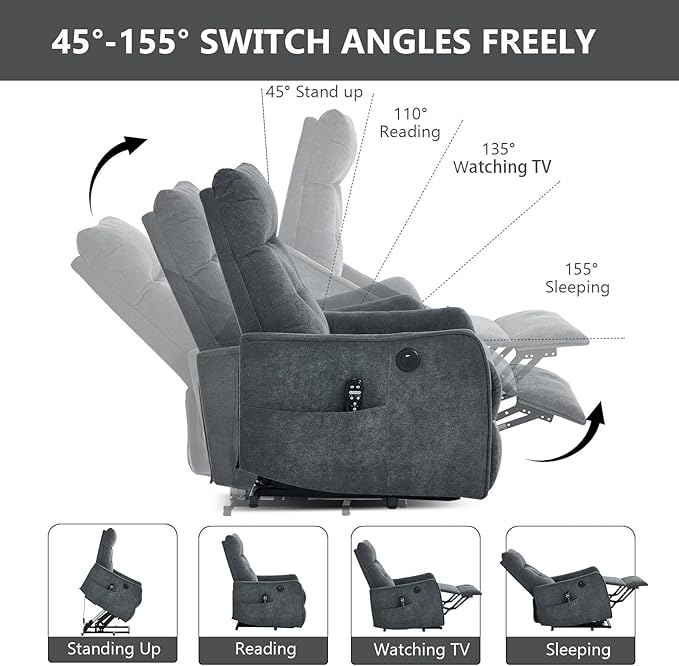 Small Power Lift Chair Recliner for Elderly Petite Power Recliner Chair with Massage and Heat | USB | High Back | Push Button | Side Pockets Liviing Room Easy Assembly (Chenille Dark Grey)