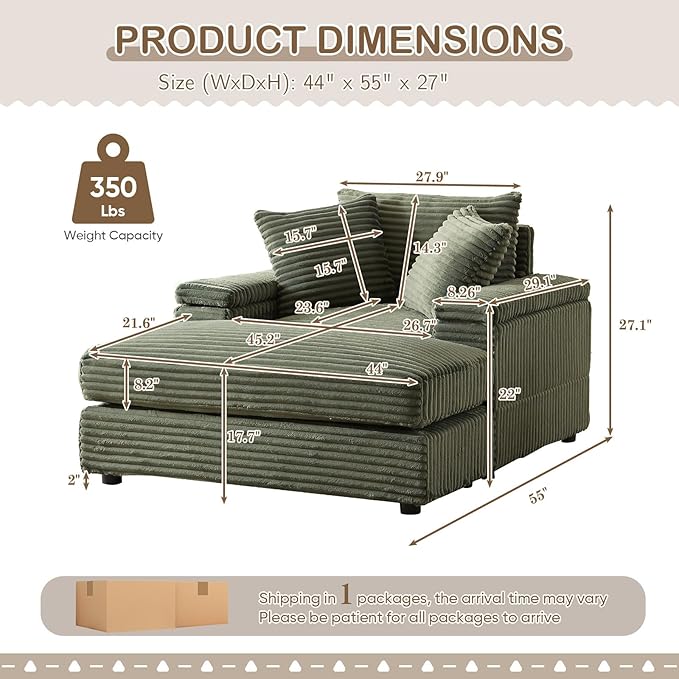Chaise Lounge Chair Indoor 44 Inch Comfy Corduroy Sectional Cloud Couch Upholstered Single Sofa w/Movable Ottoman for Living Room Bedroom Apartment Green