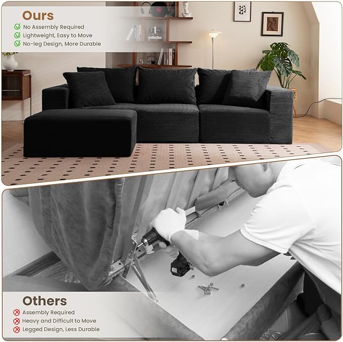 108 L-Shaped Boneless Couch Modular Sectional Sofa with Moveable Ottoman Corduroy Cloud Couches for Living Room No Assembly Ship in a Box Black