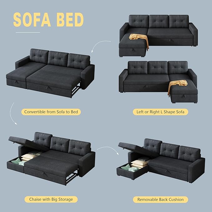 L-Shape Reversible Sectional Sleeper Sofa Bed 4 in 1 Pull Out Couch with Storage Chaise &amp Removable Back CushionsConvertible Sleeper Corner Couch Pull-Out Sofa Bed for Living RoomOffice