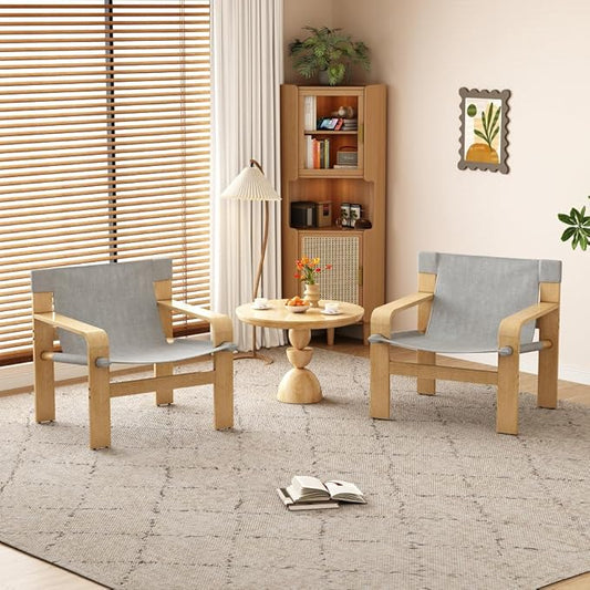 Detachable and Washable Oak Accent Chair Wide Armrest Mid-Century Lounge Chair Linen Fabric Armchair &amp Solid Wood Frame for Living Room Bedroom Balcony (White) (Light Grey + Wood+Fabric + Oak)