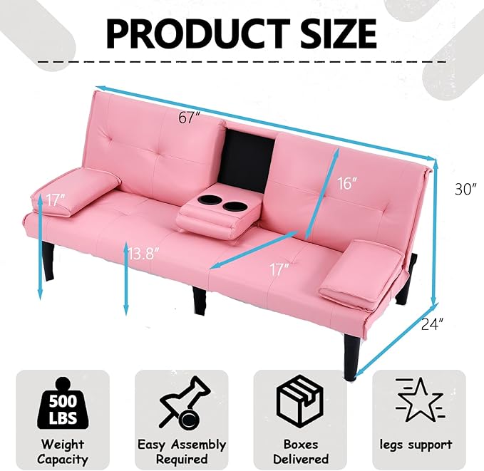 Pink Futon Couch &amp Convertible Futon Sofa Bed for Small Space 67 Loveseat Couches with Removable Armrests &amp 2 Cup Holders for Living Room Bedroom Dorm Apartment Easy Assemble (Pink)