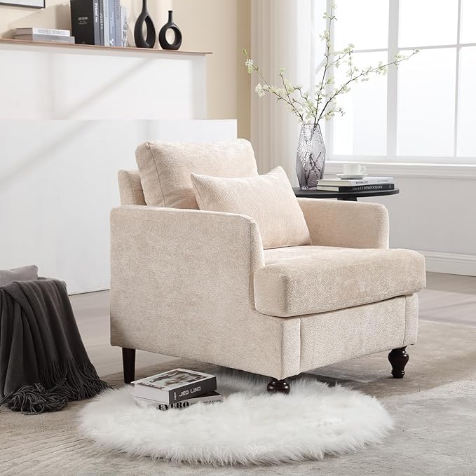 Mid Century Modern Accent Chair with 2 Pillows Chenille Upholstered Armchair with Solid Wood Legs and Thick Cushion Tufted Club Chair Comfy Reading Chair Lounge Chair for Living Room Bedroom Beige