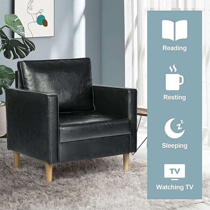 STHOUYN Black Faux Leather Accent Chairs Set of 2 Small Living Room Bedroom Chairs Comfy Reading Chair Single Sofa for Adults Suitable Small Spaces Office Couch Easy Assembly